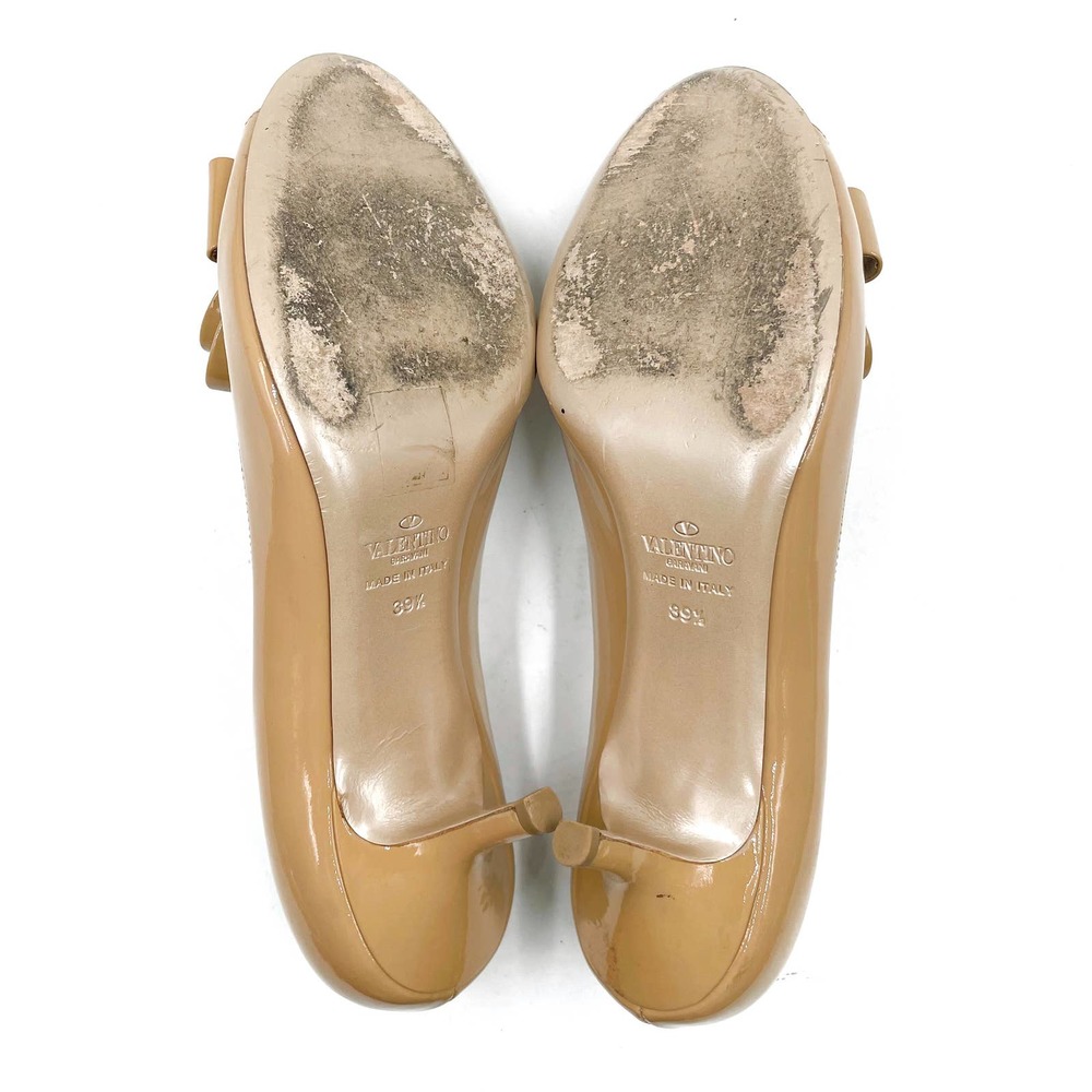 Valentino Nude Patent Leather Bow Pumps Peep Toe Kitten Heels - Picture 8 of 12